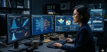 A photo-realistic, cinematic shot of a professional female data scientist in a dark tech environment