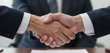 A close-up of hands shaking in a formal professional agreement, set against a blurred background of a distinguished office, representing accountability and partnership.