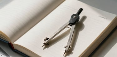 An open geometry book with a compass and ruler on a clean table, morning light casting soft shadows, focus on the precision of the tools.