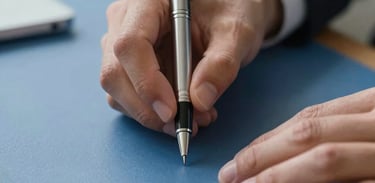 Sharp focus on a person's hands in a professional global business setting, adjusting a high-end pen on a clean slate blue desk, symbolizing the precision and strategic detail of market research.