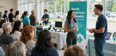 A wide shot of a community vision health event in a bright public space in Indiana, showing professional interaction with local citizens. Natural lighting, professional teal and light blue-gray accents. North American / US / Indiana.