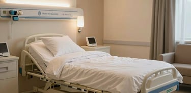 A luxurious and comfortable private patient recovery room at Mater Dei Specialist Hospital, featuring soft premium bedding, clean contemporary furniture, and calming warm light.