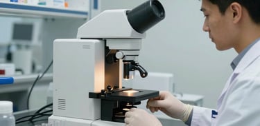 A clean modern medical laboratory in Enugu, with high-tech diagnostic analyzers, test tube racks, and a professional technician working diligently, soft gold accents.