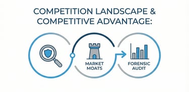 Infographic illustrating the process of analyzing competition landscape and market moats to conduct 