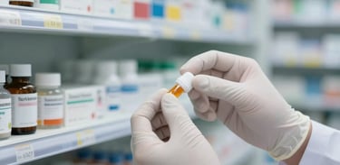 Close-up photography of a pharmacist's hands in white gloves organizing medicines in a bright, professional Indonesian pharmacy with soft blue lighting.