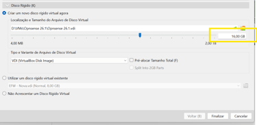 Configurando a alocação de Disco Virtual de 16GB para a máquina virtual do OPNsense