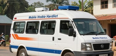 A wide shot of a neatly organized mobile healthcare van branded with professional lettering in a South Asian village square.