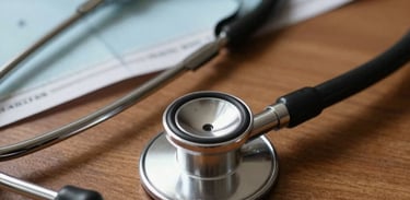 A close-up shot of a stethoscope on a wooden table with a map of West Kalimantan in the background, warm light, professional atmosphere.