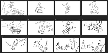 Exemple storyboard crayonné animation 2d traditionnelle skateboard FEVR studio Animation Paris motio