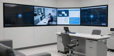 A sharp, wide-angle shot of a state-of-the-art telemedicine hub in North America, with high-tech screens and sleek grey furniture, reflecting an authoritative and healthcare-focused mood.