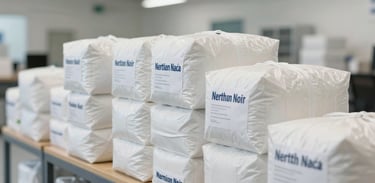 A clean, professional photograph of humanitarian supplies being organized in a bright, modern facility in North America. The scene uses soft lighting to highlight a sense of order, trustworthiness, and preparedness.