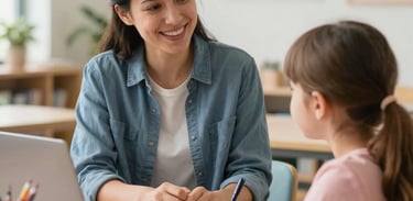 A supportive advisor consults warmly with a homeschooling parent over a workspace in a bright educational center in British Columbia.