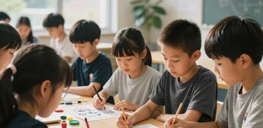 A group of elementary children collaborating on a creative science project in a bright, modern learning hub in British Columbia, warm daylight.