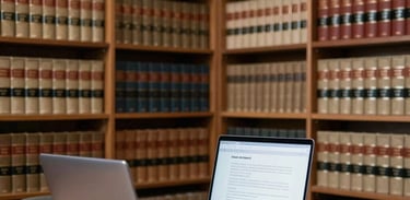A quiet legal library with shelves of traditional law books, a modern desk with a laptop in the foreground, Italian / European scholarly atmosphere.