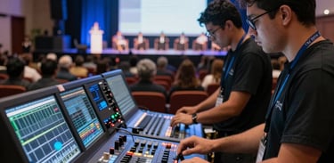 A detailed shot of professional audiovisual technicians operating a soundboard at a large corporate congress in a South American auditorium, backlit by soft blue stage lights.