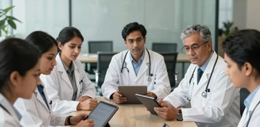 A collaborative meeting of South Asian healthcare researchers in a modern, glass-walled office, using digital tablets, with a focused and innovative atmosphere, lit by bright natural light.