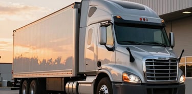 A sleek silver semi-truck parked in a modern North American distribution facility during sunset. Warm sky colors contrast with the cool metallic truck and asphalt.