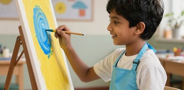 A South Asian / Indian child happily painting on an easel with bright mustard yellow and light blue paints, wearing a clean apron in a sunny school art studio.