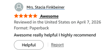 Five-star customer review for a paperback book titled Awesome and highly recommended.