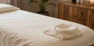 A tranquil treatment room in San Diego, California with soft cream linens on a massage table, warm wooden elements, and peaceful potted plants.