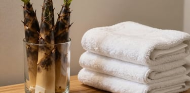 Warm neutral-toned treatment space in San Diego, California featuring bamboo shoots in a clear glass vase next to neatly folded plush white towels on a cedar bench.