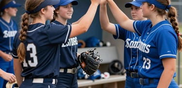 A group of teenage softball players in navy and steel blue uniforms high-fiving in a North American / US dugout, expressing professional athletic energy and community.