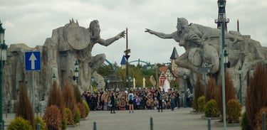 Hossoland theme park entrance with giant Viking and mermaid sculptures originally