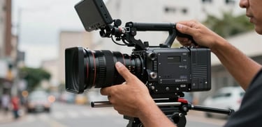 Close-up of a technician's hands adjusting a professional cinema camera on a gimbal during a music video shoot in a Brazilian urban setting, cinematic lighting.