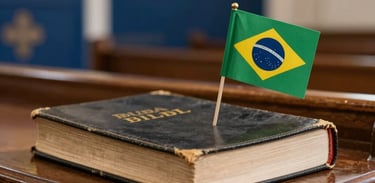 Close-up photography of a worn Bible with a Brazilian flag bookmark, resting on a wooden pulpit, soft focus background of a Navy Blue church interior, Gold accents.