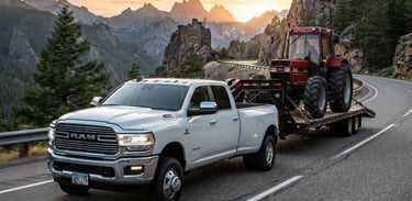 Low-angle heroic shot of a white RAM 3500 dually truck towing a black 40ft gooseneck flatbed trailer carrying a red tractor, at sunrise on a scenic mountain highway, high-contrast industrial tones, sharp focus.