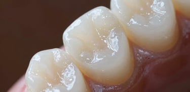 Close up macro shot of a handcrafted ceramic dental crown, showcasing translucent details. Artistic lighting with warm brown and soft white tones.