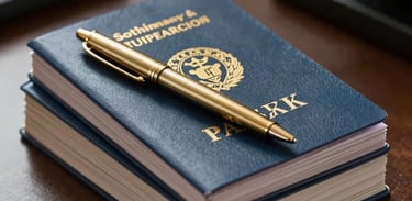 A stack of passbooks for a savings and loan cooperative, with a gold pen resting on top, set on a professional office desk in Southeast Asian / Indonesian style.