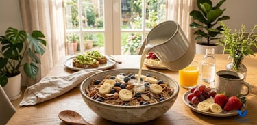 Breakfast of fiber-rich bran cereal, fruit and almonds.