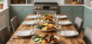 A warm photography of a long wooden dining table set for a family-style meal in a cozy, modern North American home. The table is filled with healthy food, and the background shows a kitchen with muted sea green cabinets.