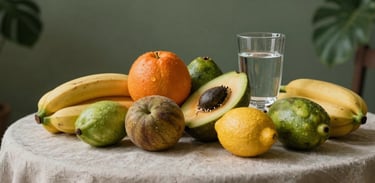A high-quality photo of healthy, colorful Brazilian tropical fruits and a glass of water on a linen tablecloth. Muted natural lighting, earthy green tones in the background.