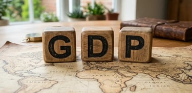 Wooden blocks spelling GDP on a vintage world map