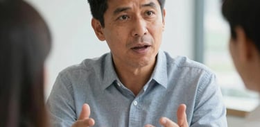 Close-up of a South American mentor speaking passionately to a student in a bright corporate environment, hands expressing focus and guidance.