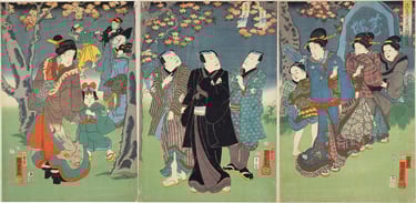 Men & Women in Kimono, from Woodblock Triptych Print 浅草寺奥山群集の図 by Utagawa Kuniyoshi 1856