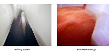 Two fine art photographs shown side by side, one abstract of a child moving down a hallway and the other a colourful abstract