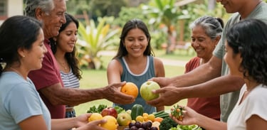 A joyful group of South American Brazilian people of various ages gathering around a communal harvest table, sharing organic fruits and vegetables in a sunlit garden.
