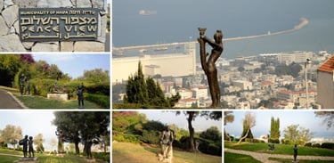 Fotos do mirante peace view e estatuas no topo do monte em Haifa.