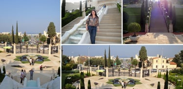 Fotos da autora nos jardins de Bahai em Haifa.