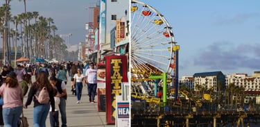 Foto de Venice Beach em comparação ao píer Santa Monica em Los Angeles.