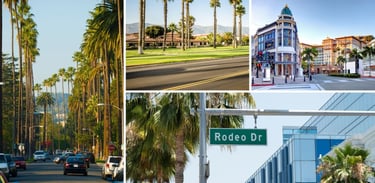 Registro da autora explorando a icônica Rodeo Drive com Beverly Hills ao fundo.