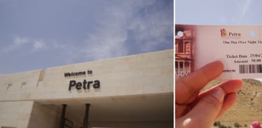 Close da autora com o ticket nas mãos e expressão de entusiasmo na entrada de Petra.