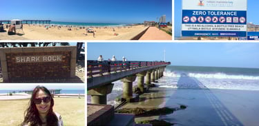 Autora na praia de Shark Rock em Port Elizabeth (Nelson Mandela Bay), aproveitando a orla e a paisagem costeira