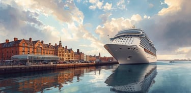 Imagem gerada por IA mostrando um navio de cruzeiro atracado no porto de Southampton.