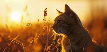 a cat sitting in the grass with the sun setting.