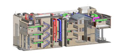 3D BIM model cross-section of a building showing complex HVAC ductwork and MEP systems.