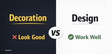 Split-screen thumbnail showing Decoration vs Design with “Look Good” and “Work Well” comparison